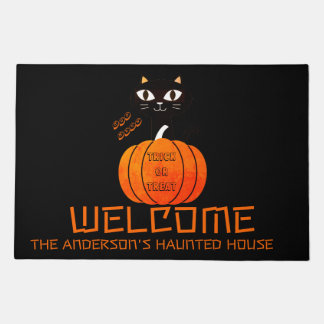 Felpudo Halloween en la casa de un gato negro y Naranja