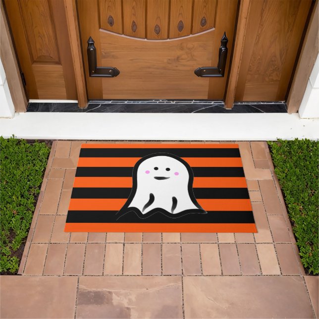 Felpudo Halloween Ghost on Black and Orange Stripes  (Exterior)