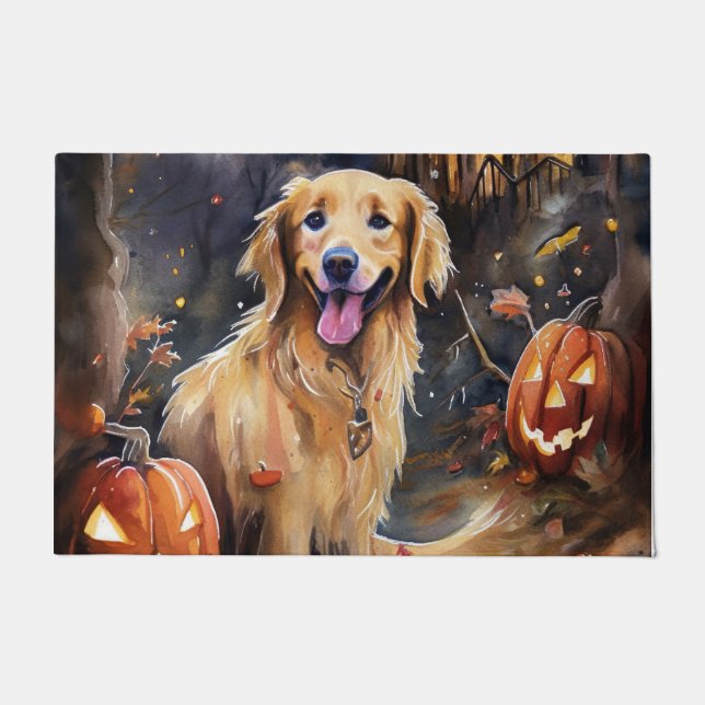 Felpudo Halloween Golden Retriever con calabazas aterrador (Anverso)