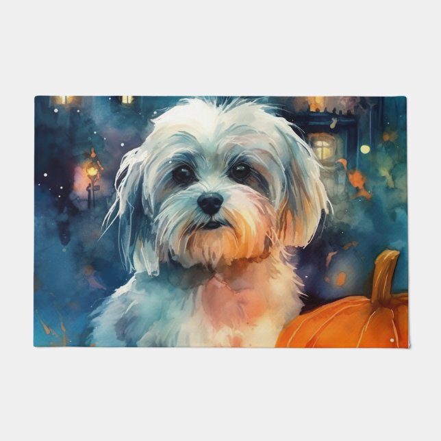 Felpudo Halloween Havanese con calabazas aterradoras (Anverso)