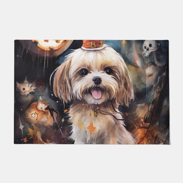 Felpudo Halloween Lhasa Apso Con Calabazas Temerosas (Anverso)