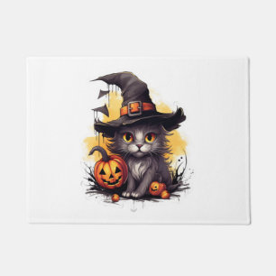 Felpudo Halloween lindo gato con un gorra y calabaza