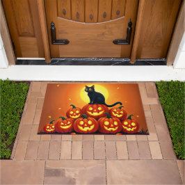 Felpudo Halloween lindo gato negro y linternas de Jack