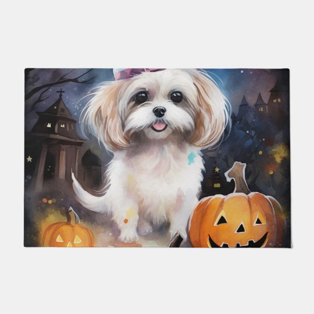 Felpudo Halloween Malti Tzu con calabazas aterradoras (Anverso)