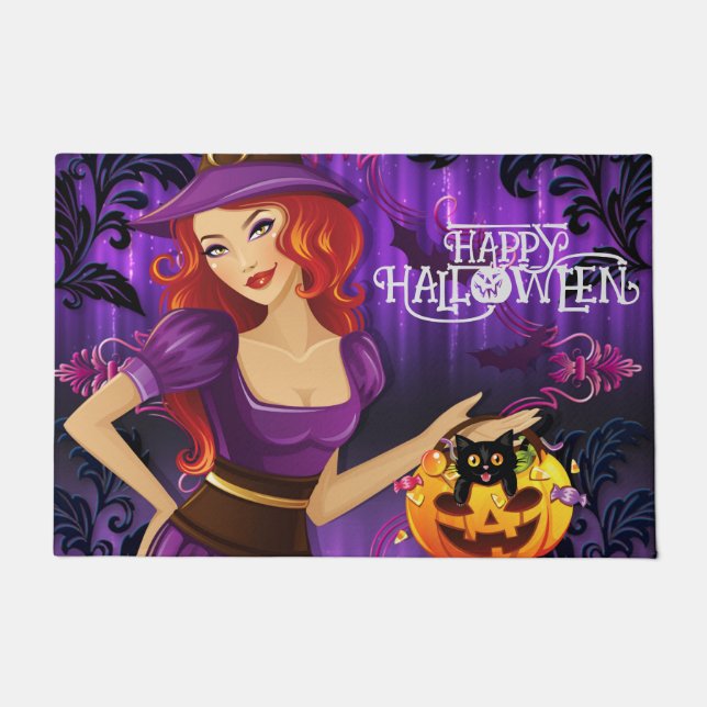 Felpudo Halloween Personalizado Whimsical Cute Witch Purpl (Anverso)