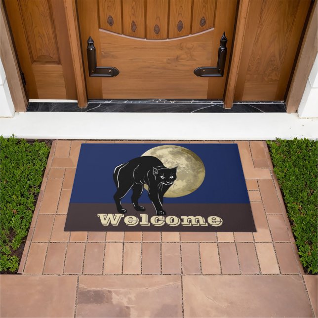 Felpudo Halloween Prowling Black Cat En Una Noche De Luna  (Exterior)