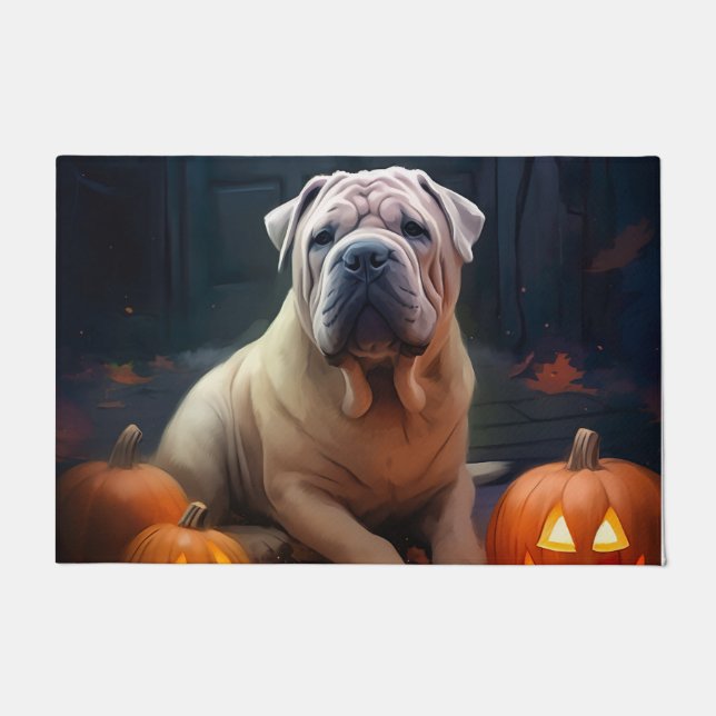 Felpudo Halloween Shar Pei con calabazas aterradoras (Anverso)