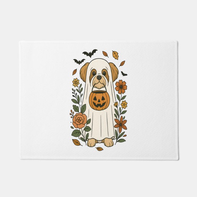 Felpudo Halloween Shih Tzu con flores de otoño (Anverso)