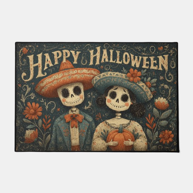 Felpudo Halloween Skull Couple with Pumpkins and Sombreros (Anverso)