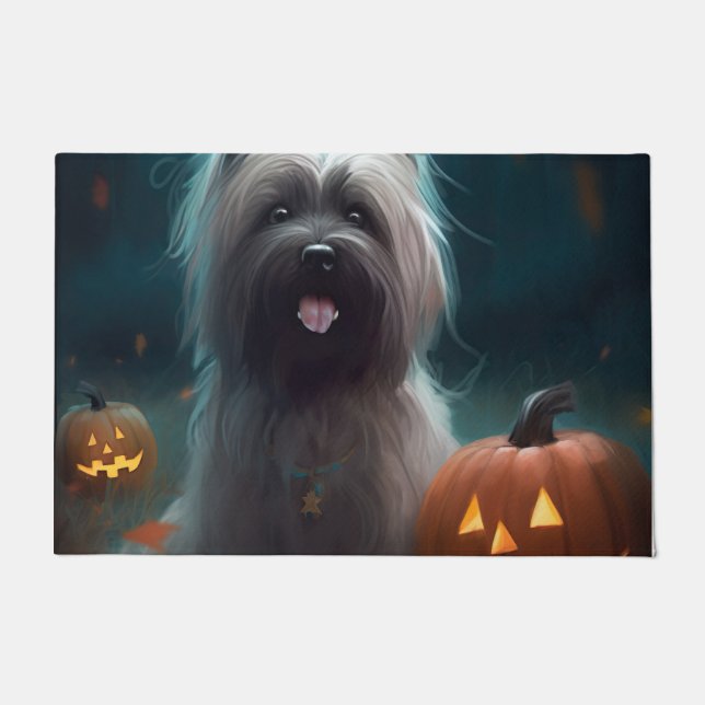 Felpudo Halloween Skye Terrier con calabazas aterradoras (Anverso)