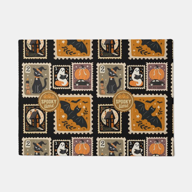 Felpudo Halloween Spooktime Postal Stamams Ghost Bat Cat (Anverso)