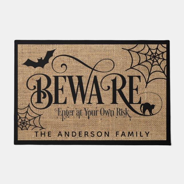 Felpudo Halloween Spooky Rustic Country Burlap BEWARE (Anverso)