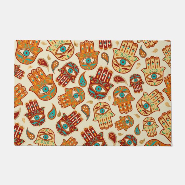 Felpudo Hamsa Hand - Mano de Fatima Verde azulada Terracot (Anverso)