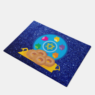Felpudo Hanukkah Plate con Dreidels Blue Faux Purpurina