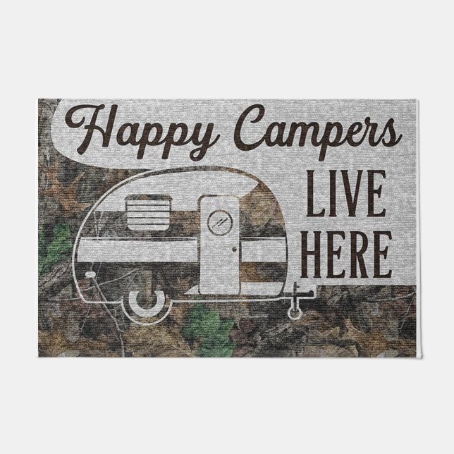 Felpudo Happy Camper Lives Here Doormat, Personalized (Anverso)