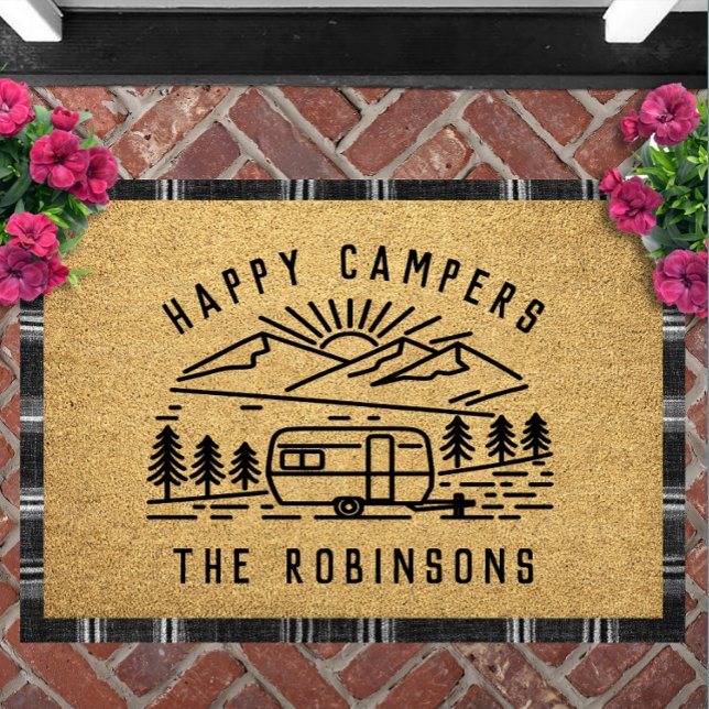 Felpudo Happy Campers Personalized Custom Family Name (Happy Campers Personalized Doormat | Custom Family Name RV Decor Camping Welcome Mat Campsite)