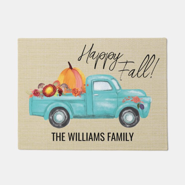 Felpudo Happy Fall Blue Truck Family Name Pumpkins Doormat (Anverso)