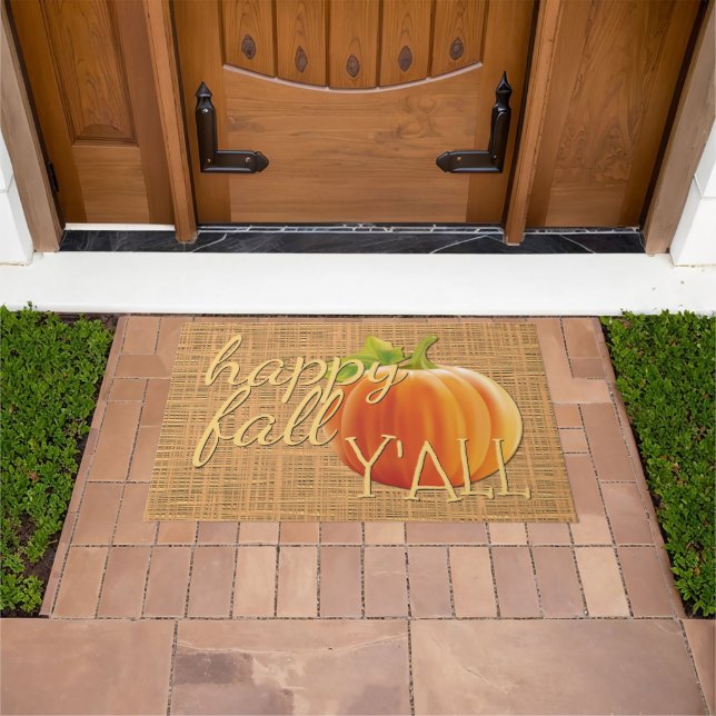 Felpudo Happy Fall Yall Naranja Pumpkin Faux Jute Weave (Exterior)