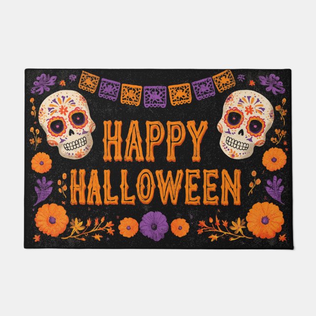 Felpudo Happy Halloween Gold Sugar Skull with Marigolds (Anverso)