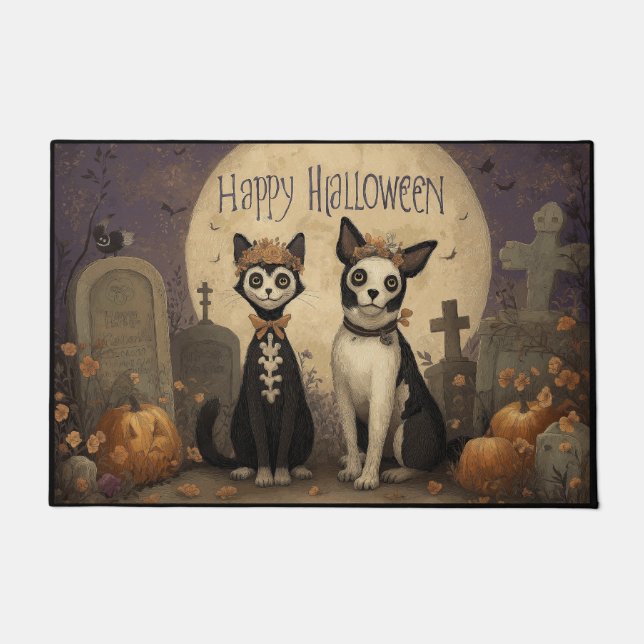Felpudo Happy Halloween Skeleton Cat and Dog in Graveyard (Anverso)