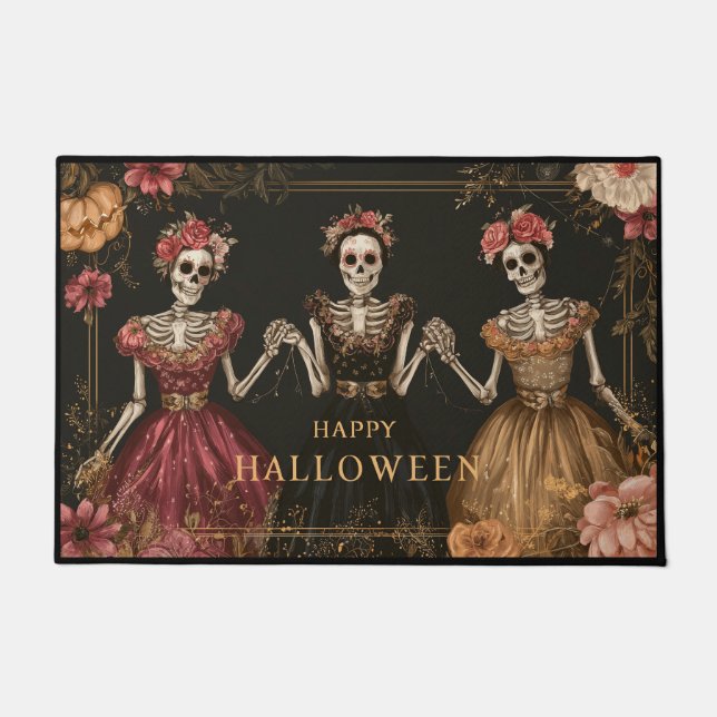 Felpudo Happy Halloween Skeleton Dancers with Flowers (Anverso)