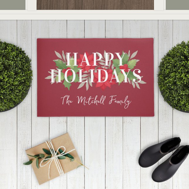 Felpudo Happy Holidays Red Christmas Floral Family Name (Subido por el creador)