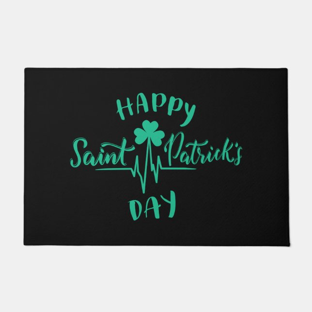 Felpudo Happy St Patricks Day Hearbeat pulse Shamrock (Anverso)