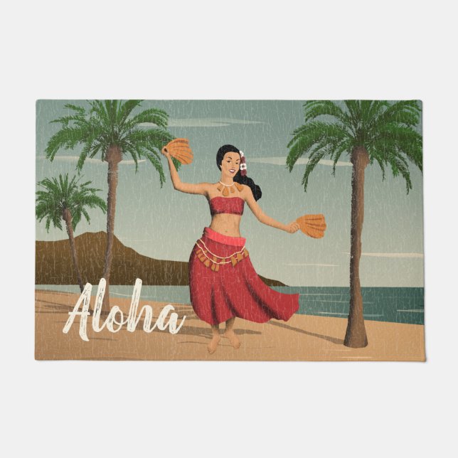 Felpudo Hawaiana hawaiana de la postal del chica de Hula (Anverso)