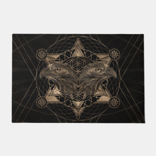 Felpudo Hawk la cabeza en geometría sagrada - negro y oro