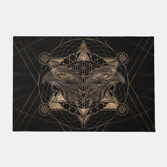 Felpudo Hawk la cabeza en geometría sagrada - negro y oro (Anverso)