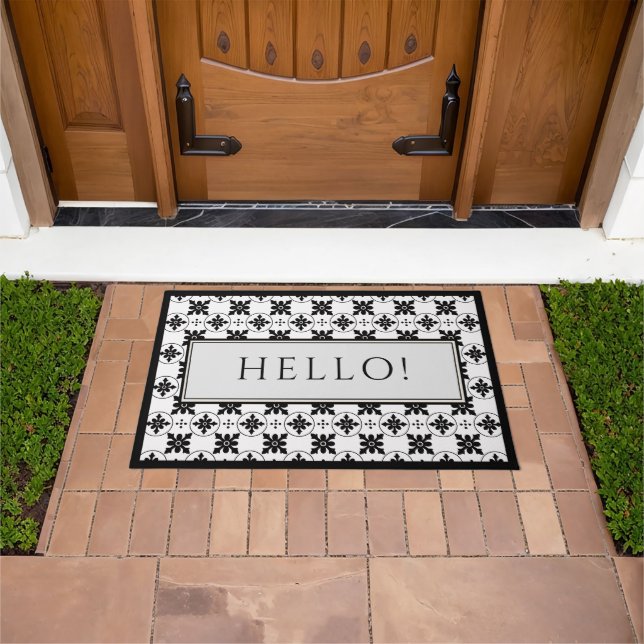 Felpudo  Hello Black and White Vintage Tile Design (Exterior)