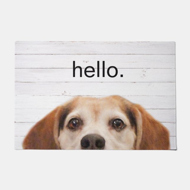 Felpudo Hello Cute Funny Beagle Dog Face White Wood (Anverso)