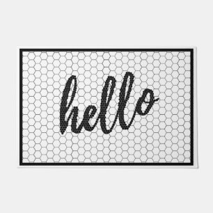 Felpudo Hello Script Tendencia en blanco y negro mosaico h