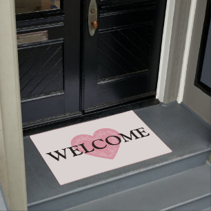 Felpudo Hermosa Puerta Principal Corazón Rosa y Blanco