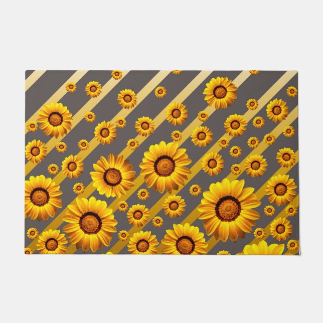 Felpudo Hermosas flores amarillas sobre rayas grises, dora (Anverso)