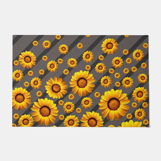 Felpudo Hermosas flores amarillas sobre rayas grises y neg (Anverso)