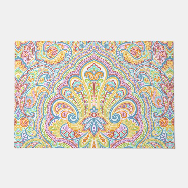 Felpudo Hermoso Aqua Blue Pink Paisley Art (Anverso)