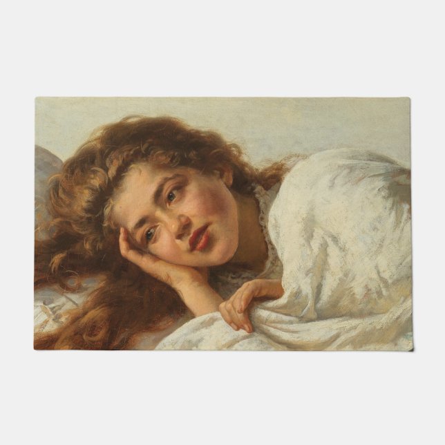 Felpudo Hermoso Chica en cama con pelo rojo (Anverso)