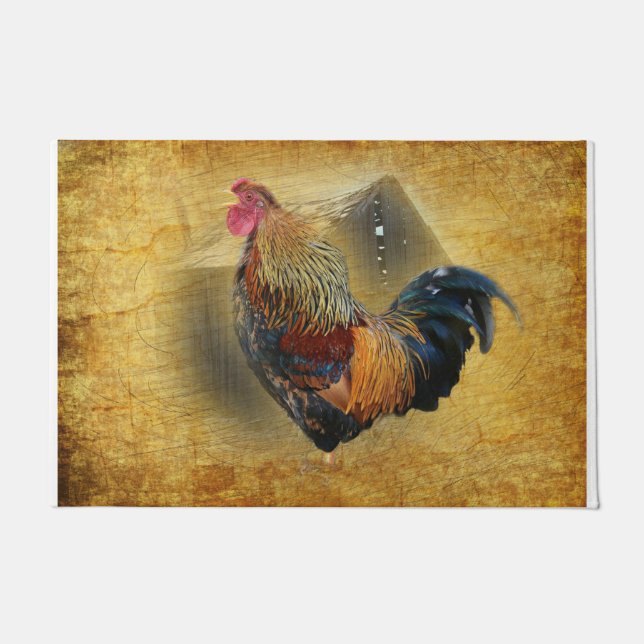 Felpudo Hermoso gallo y rústico gallinero (Anverso)