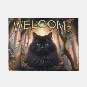 Felpudo Hermoso Gato Negro Fluffy con Ojos Dorados Bienven