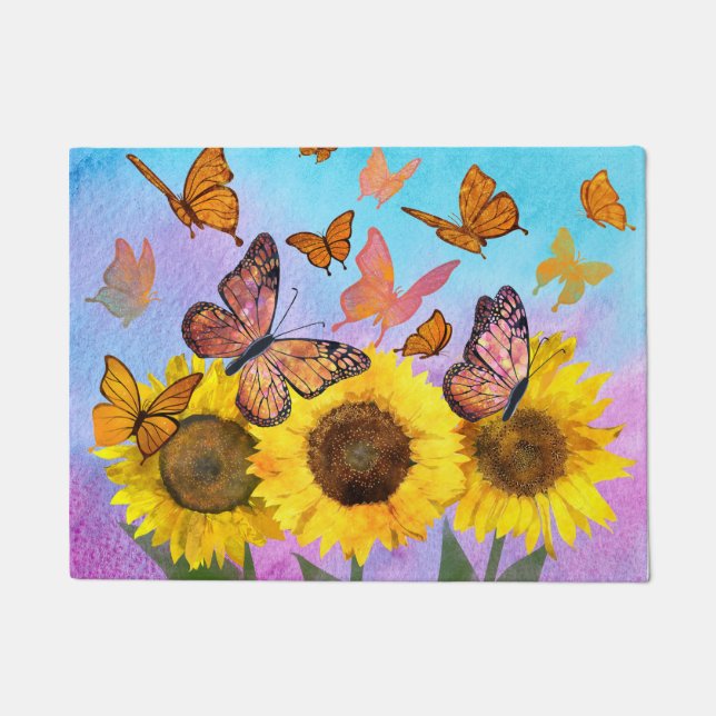 Felpudo Hermoso Sunflowers Butterflies Flower Garden (Anverso)