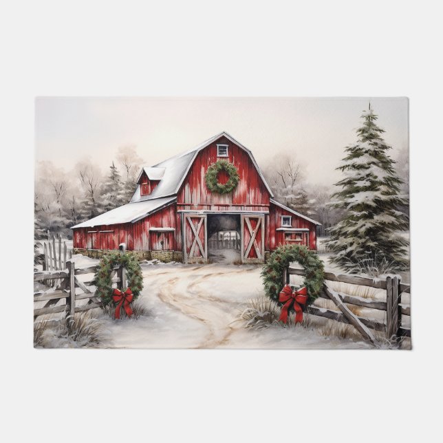 Felpudo Hermosos Navidades del Barn Rojo Rústico de Invier (Anverso)