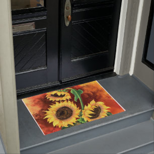 Felpudo Hermosos tres girasoles - Pintura de arte mezclado