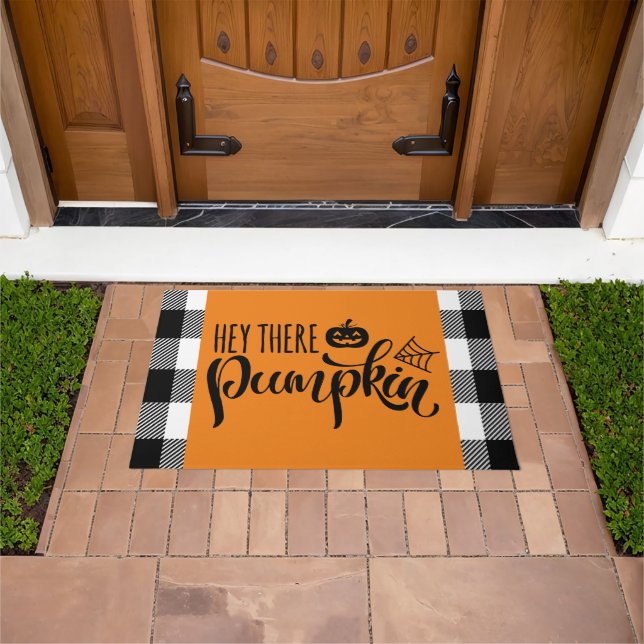 Felpudo Hey, Pumpkin Halloween Buffalo Plaid Naranja (Exterior)