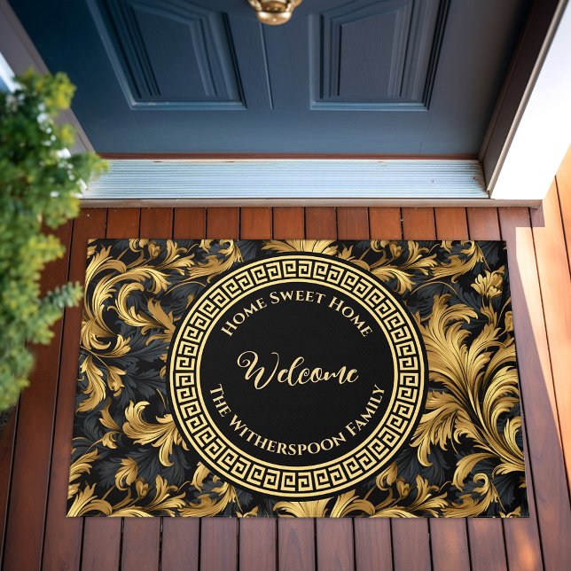 Felpudo Hogar Dulce Familia Nombre Negro Oro Clásico (Home Sweet Home Family Name Black Gold Classy Doormat)
