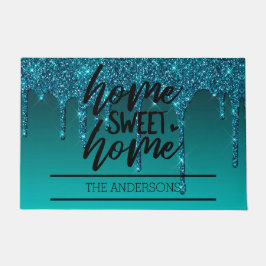 Felpudo Hogar dulce Purpurina de goteo verde azulado