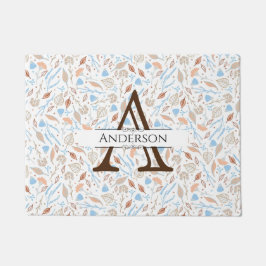 Felpudo Hojas azules y marrones | Monograma Mat de la puer