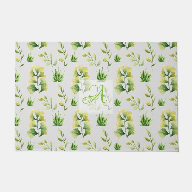 Felpudo Hojas Botánicas Monogramadas Acuarela Deco Verde (Anverso)