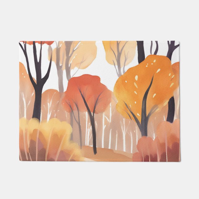 Felpudo Hojas de acuarela del bosque de follaje de otoño (Anverso)