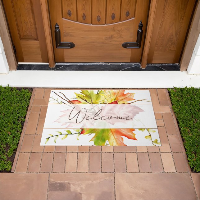Felpudo Hojas de arce de otoño con bienvenida (Exterior)